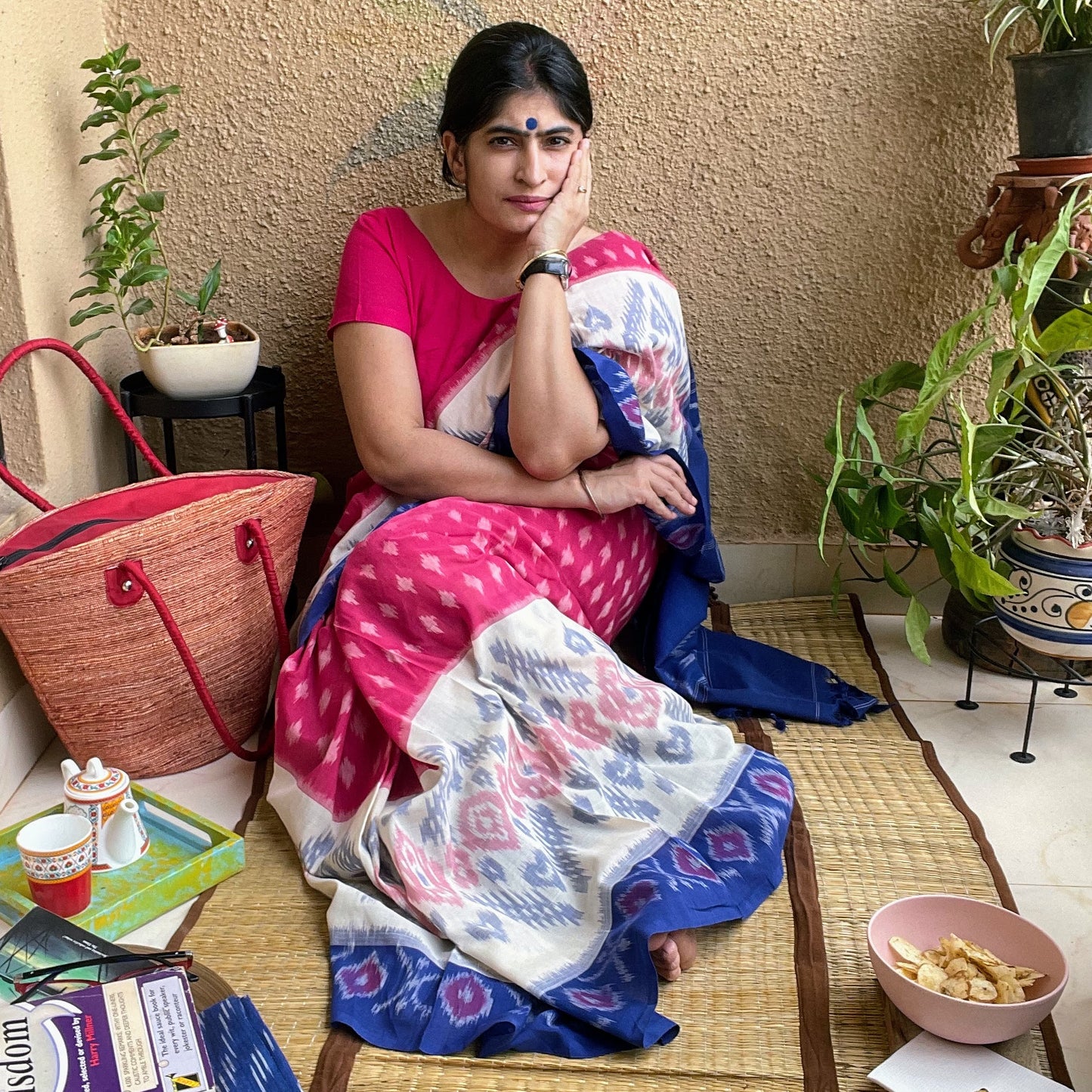 Pink-Blue-ikkat pochampally cotton saree