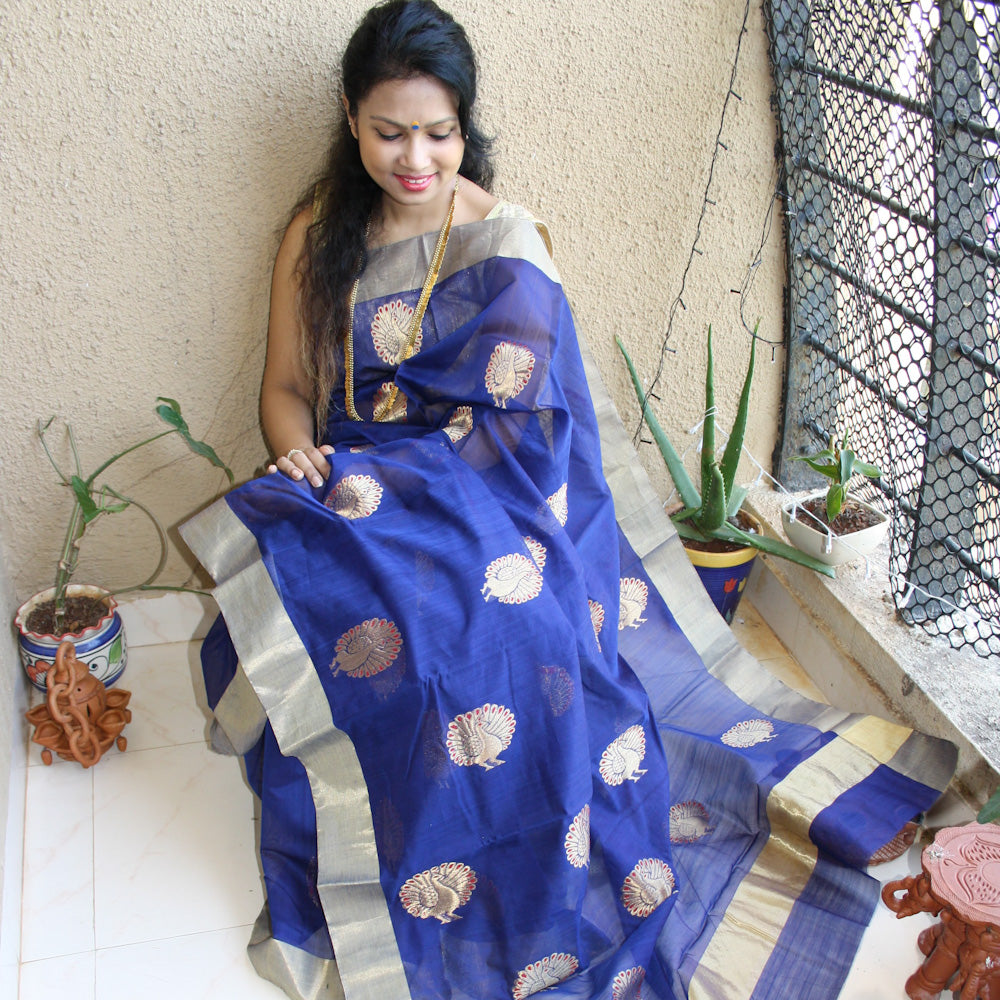 Blue Chanderi Zari saree