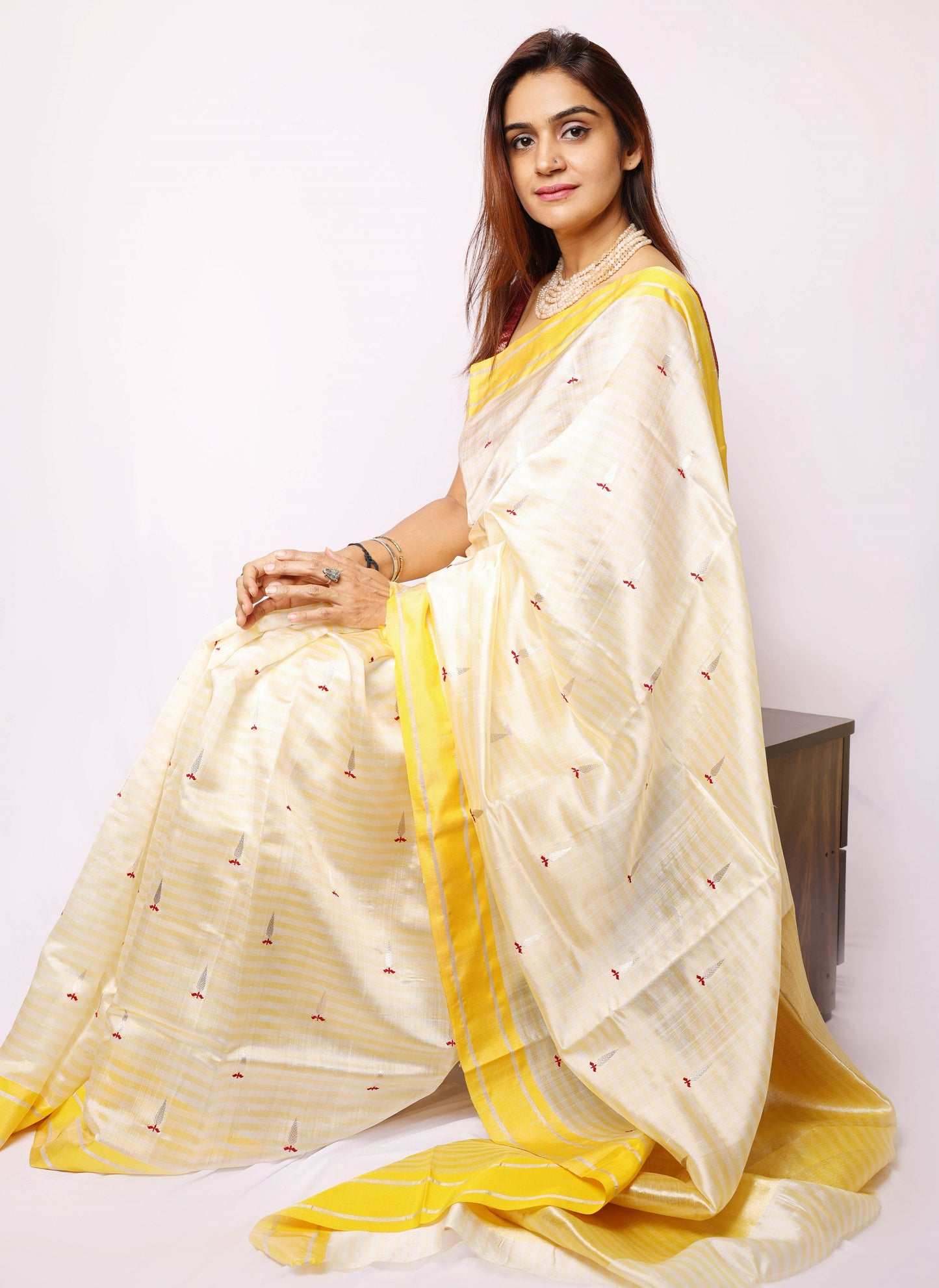 Beige yellow Chanderi Silk Saree