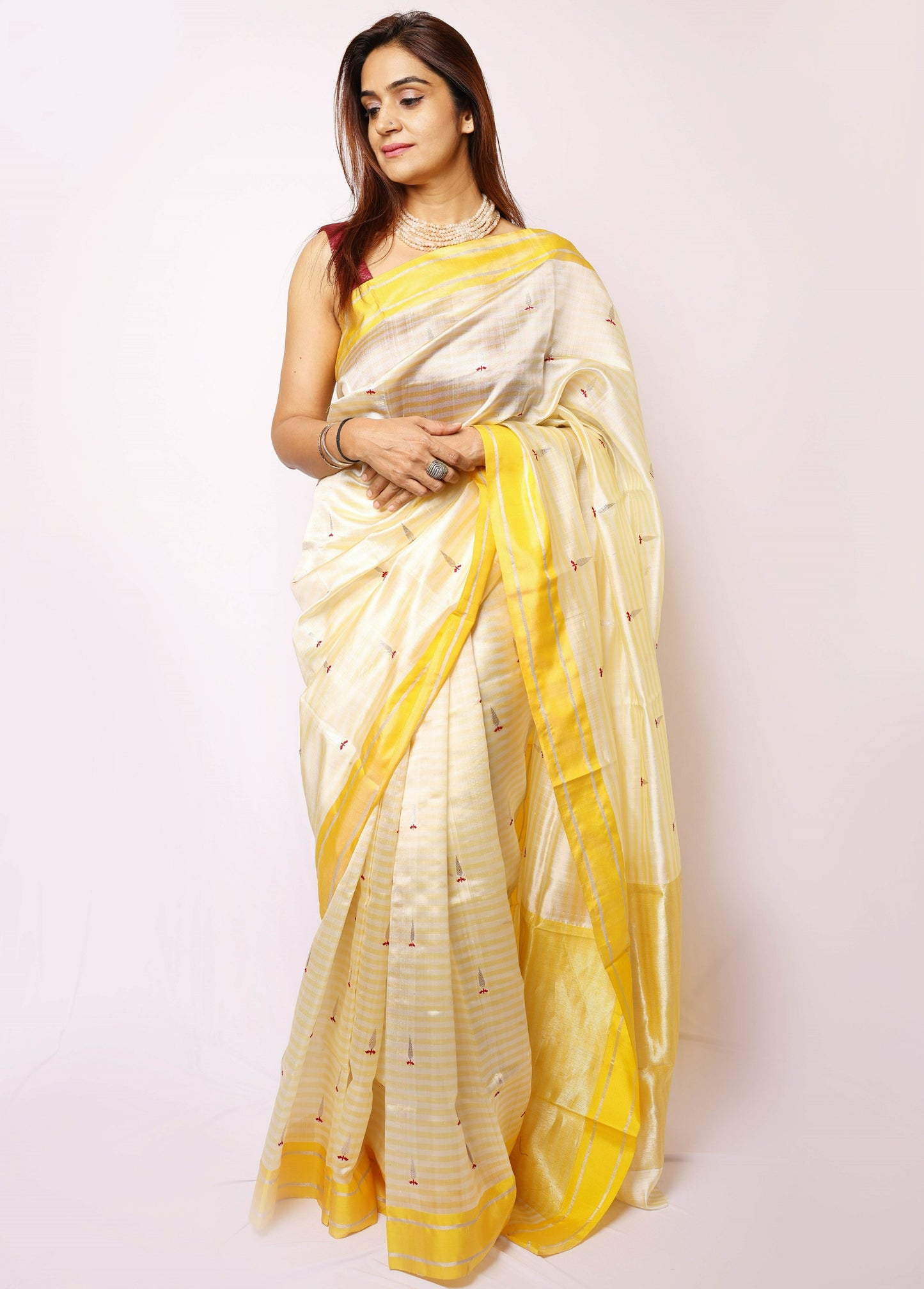 Beige yellow Chanderi Silk Saree