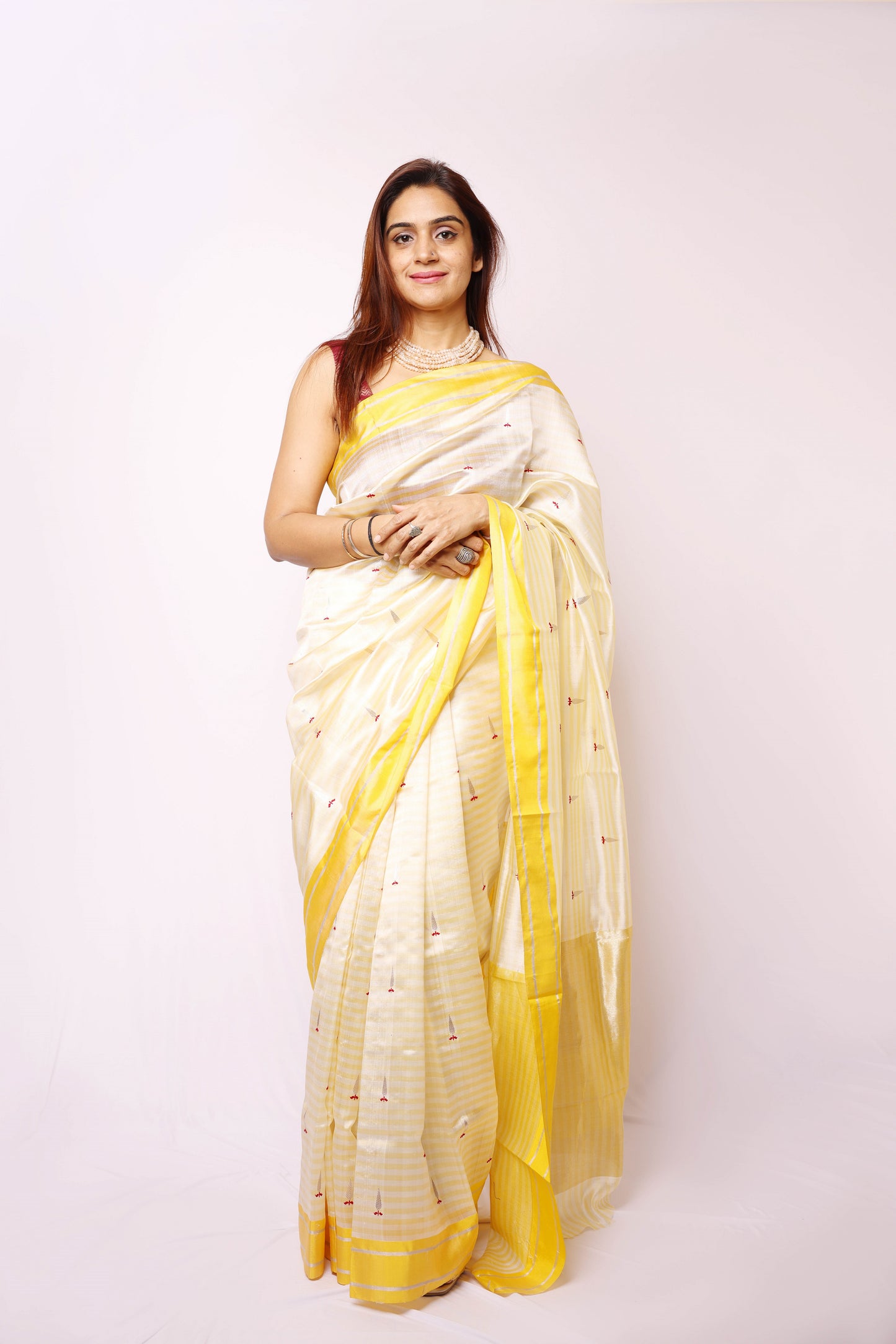 Beige yellow Chanderi Silk Saree