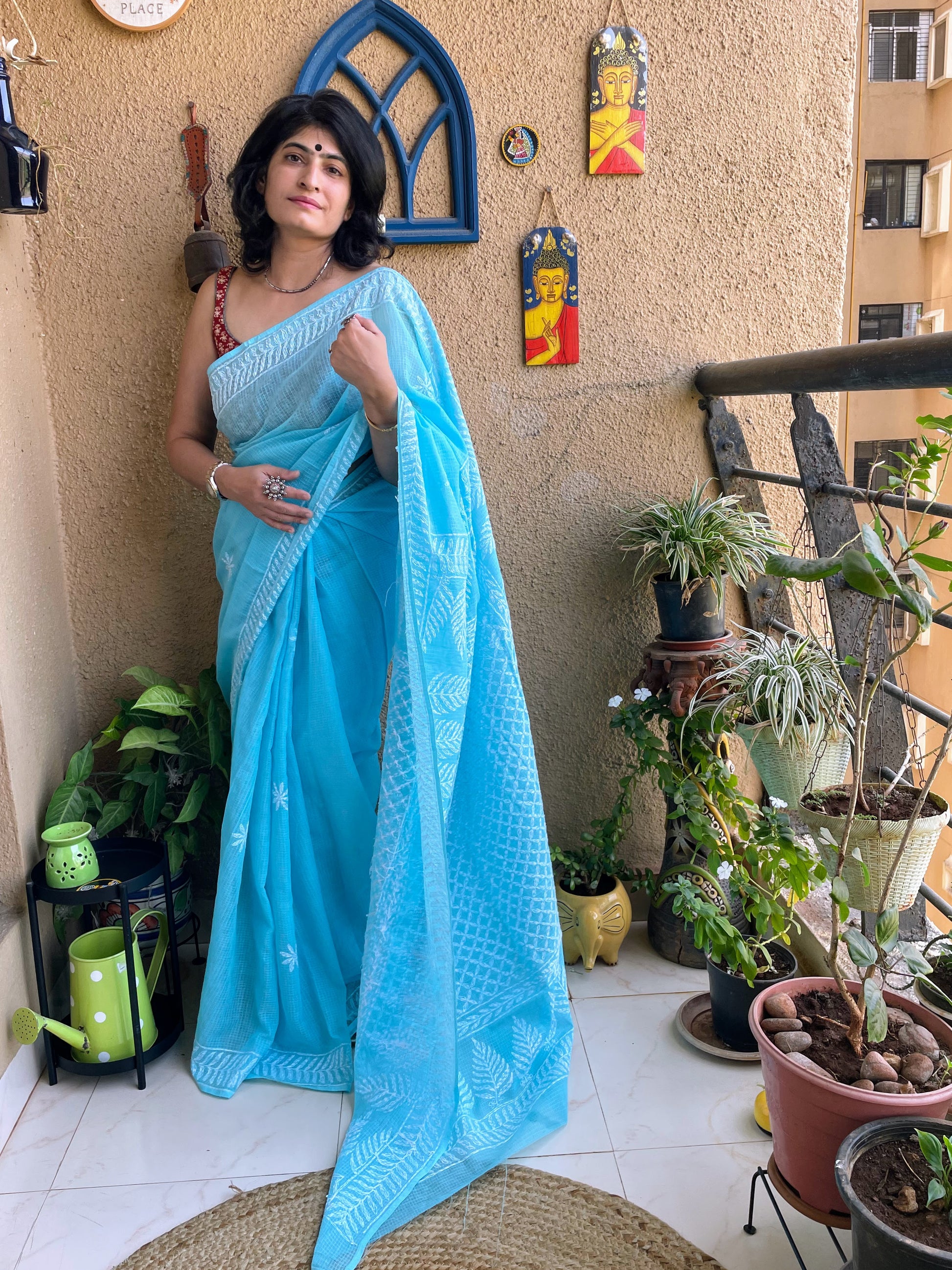 blue lucknowi chikankari saree