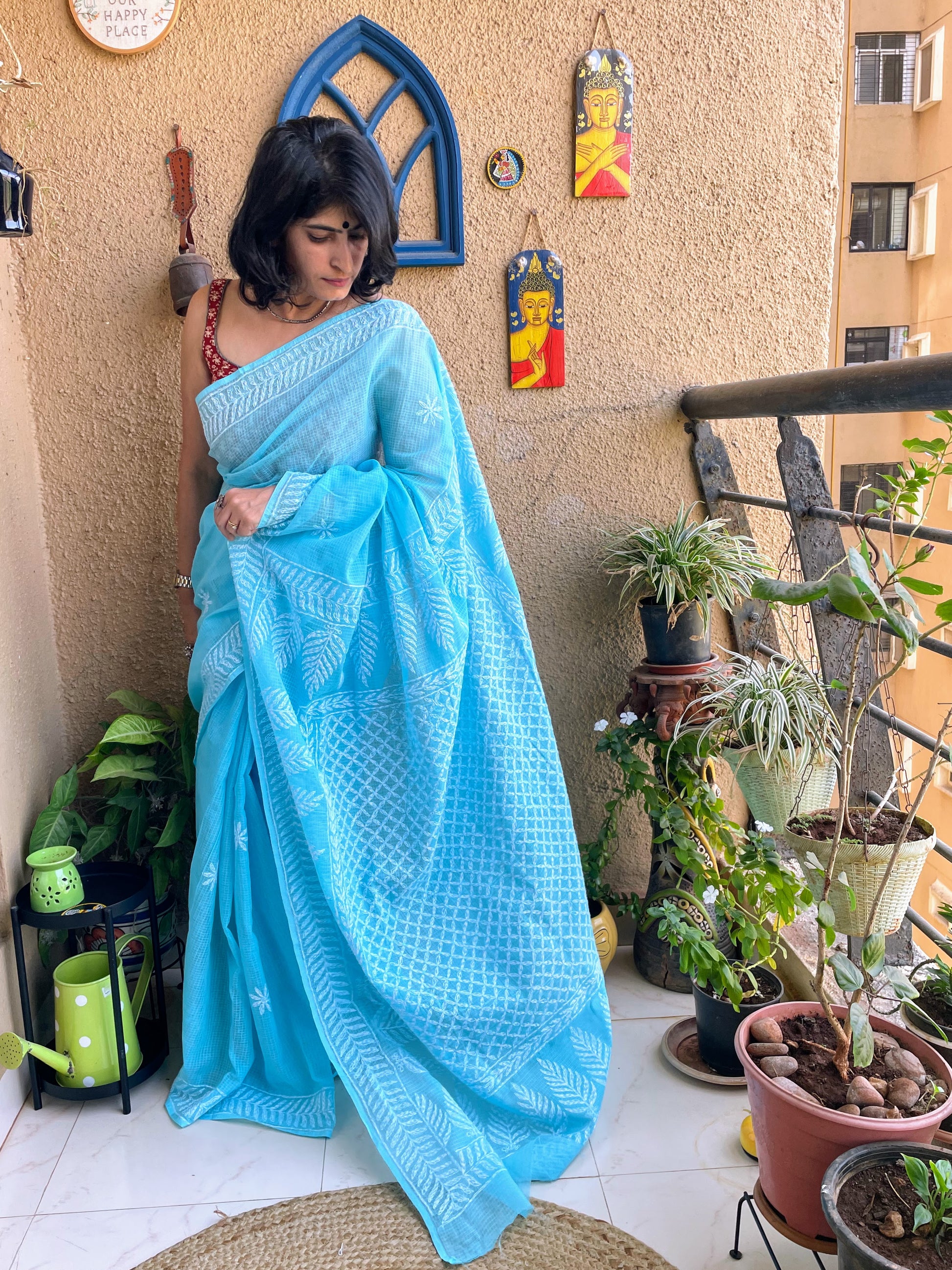 blue chikankari lucknowi embroidery saree