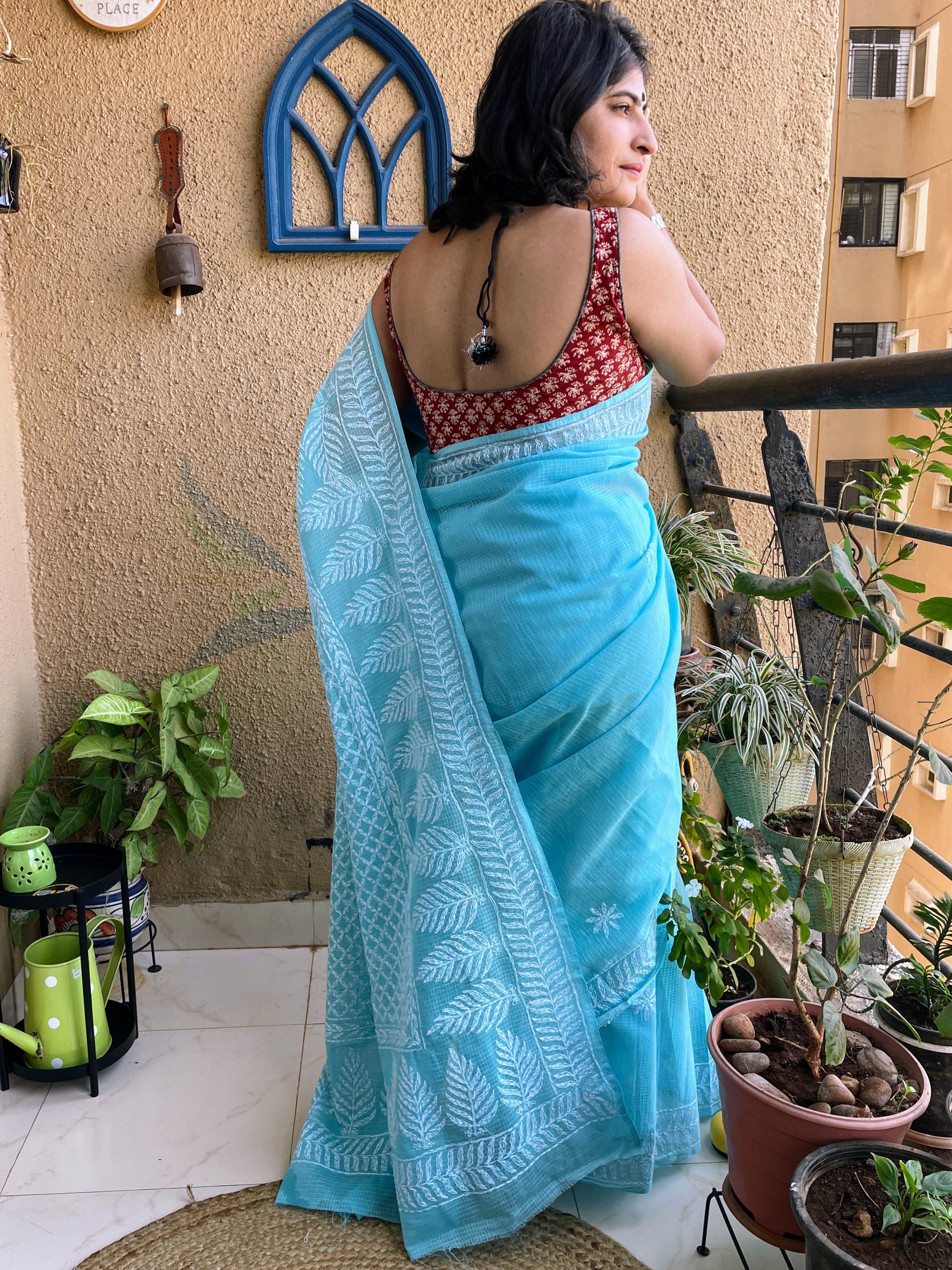 blue lucknowi chikankari saree