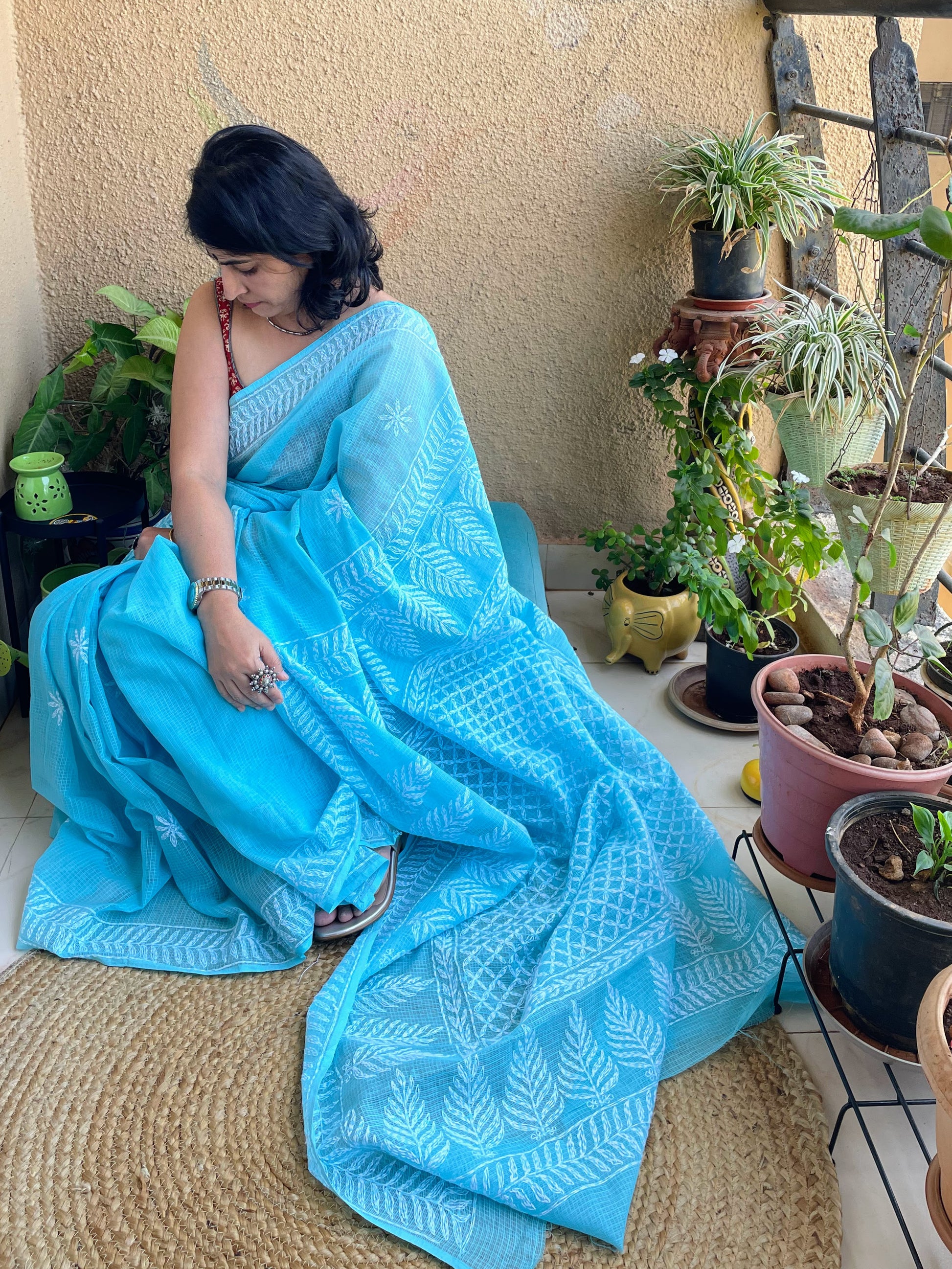 blue chikankari lucknowi saree