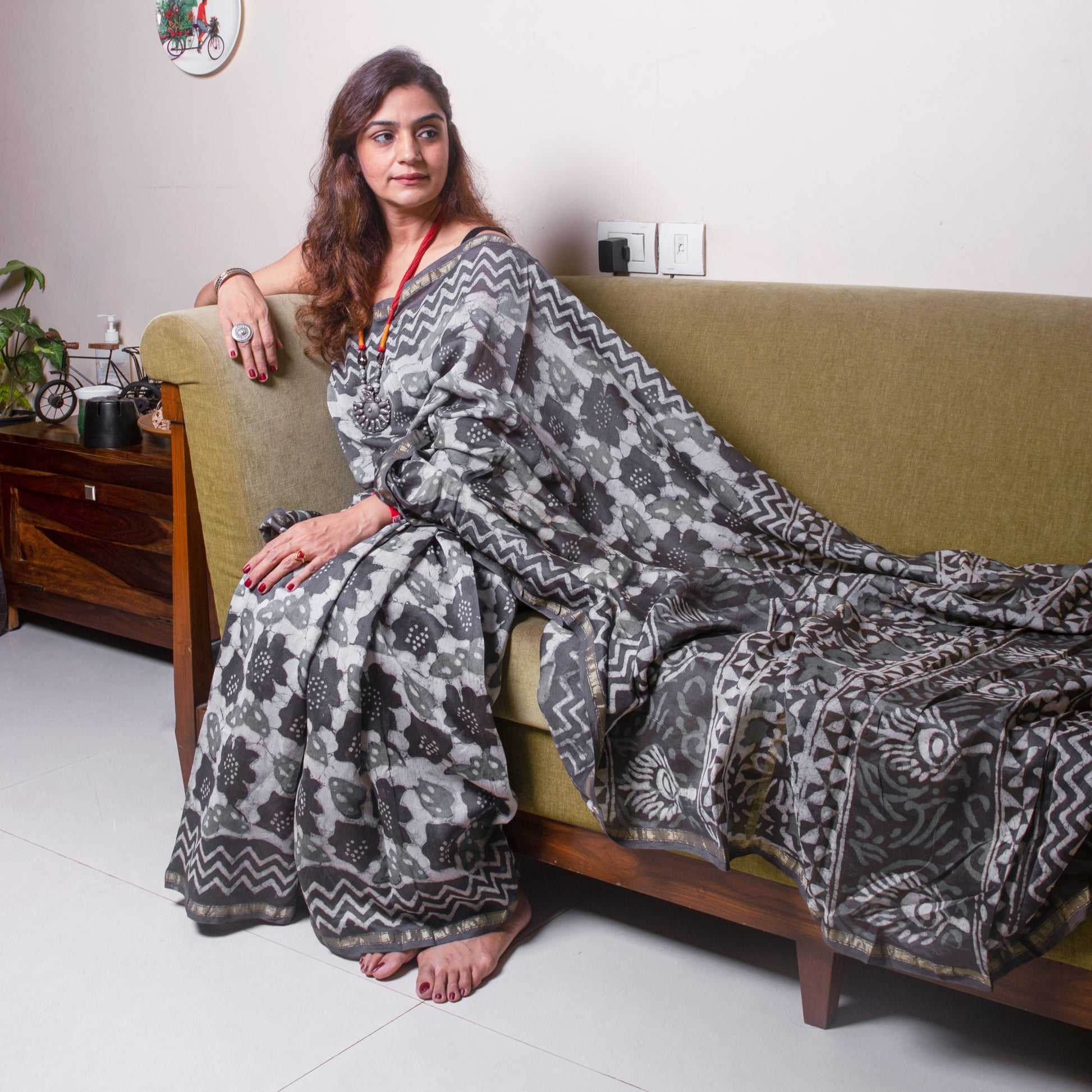 Grey floral block print Chanderi