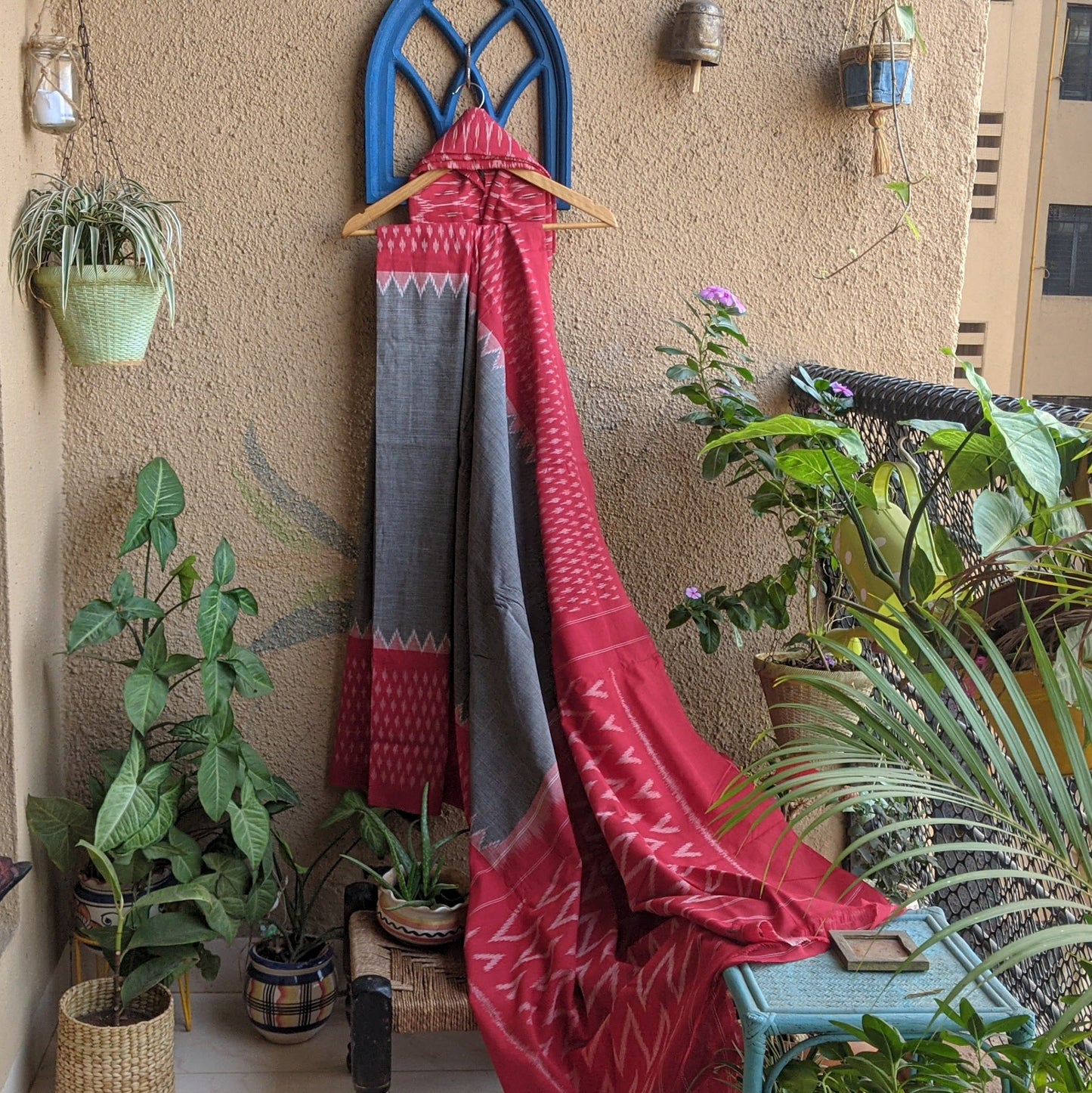 Grey and red Pochampally Ikkat