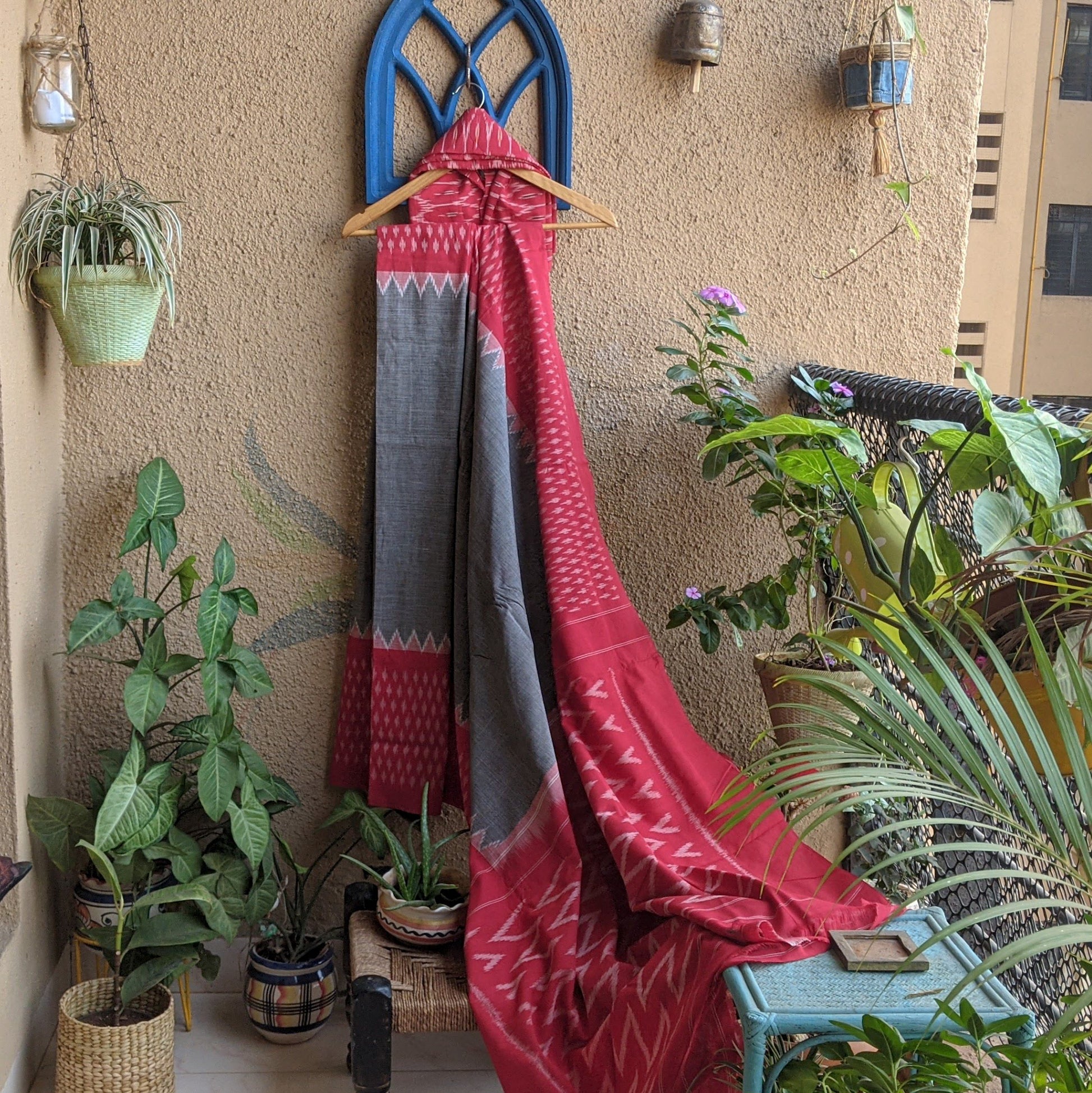 Grey and red Pochampally Ikkat