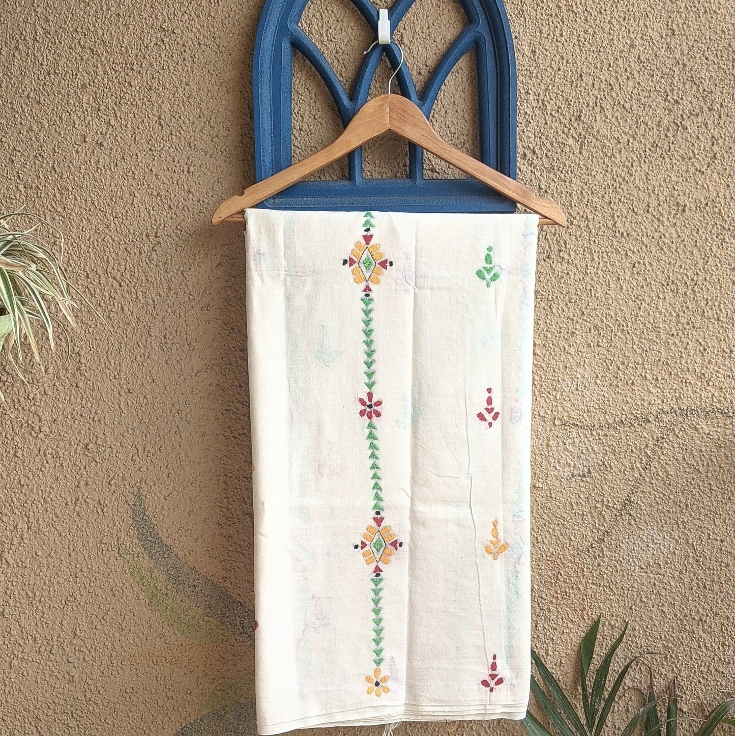 White cotton Kantha Stitch saree