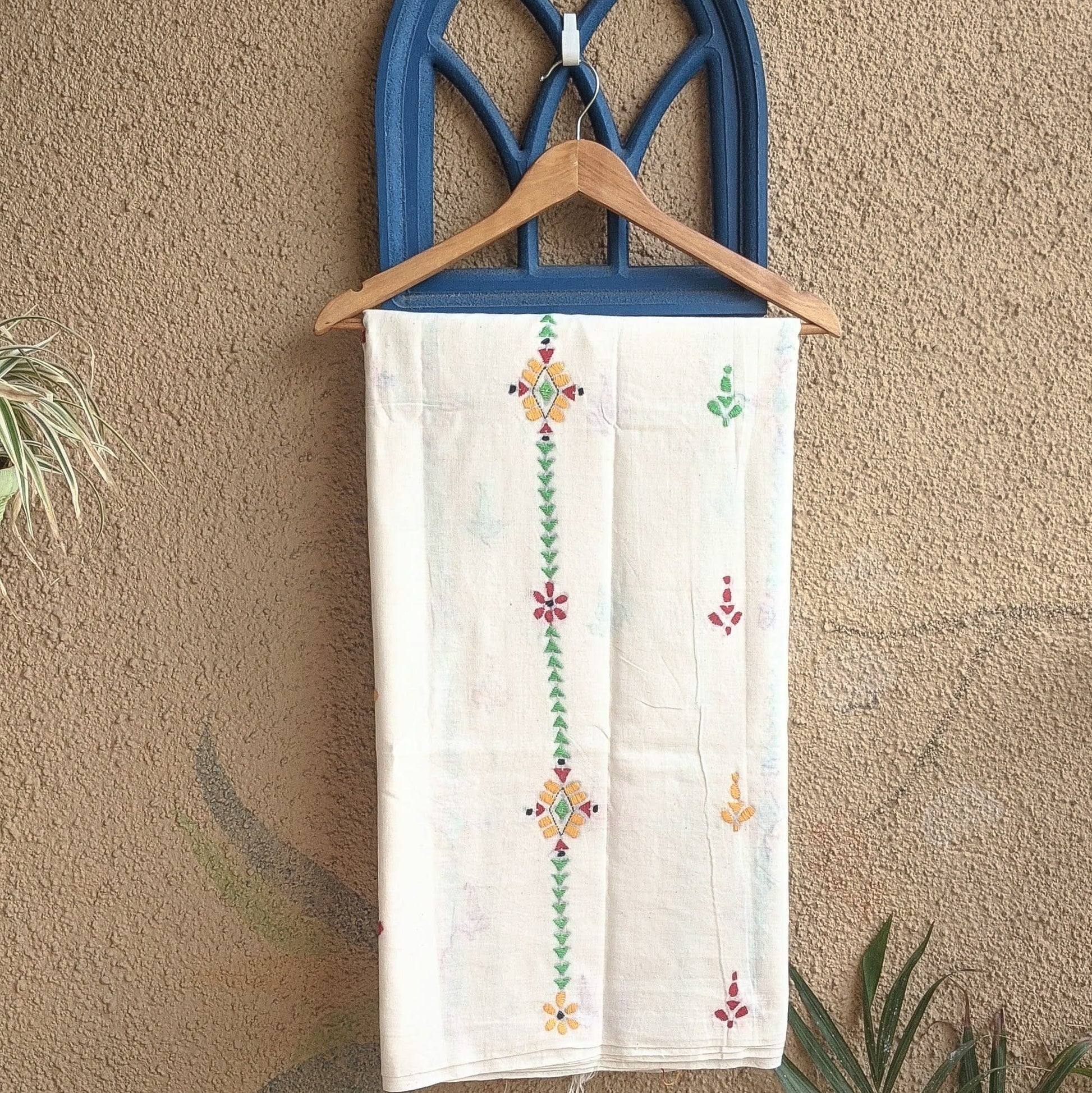 White cotton Kantha Stitch saree