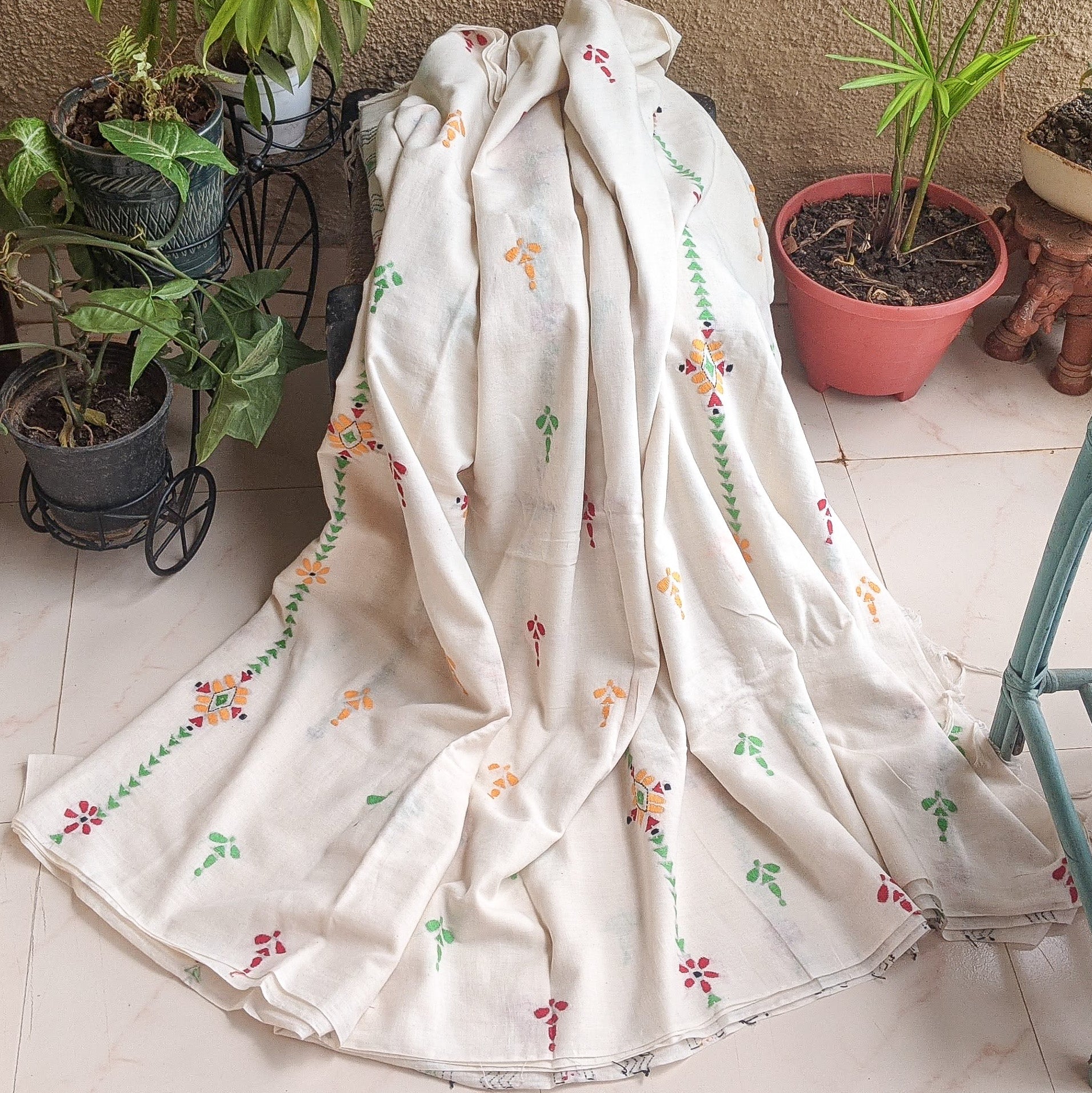White cotton Kantha Stitch saree