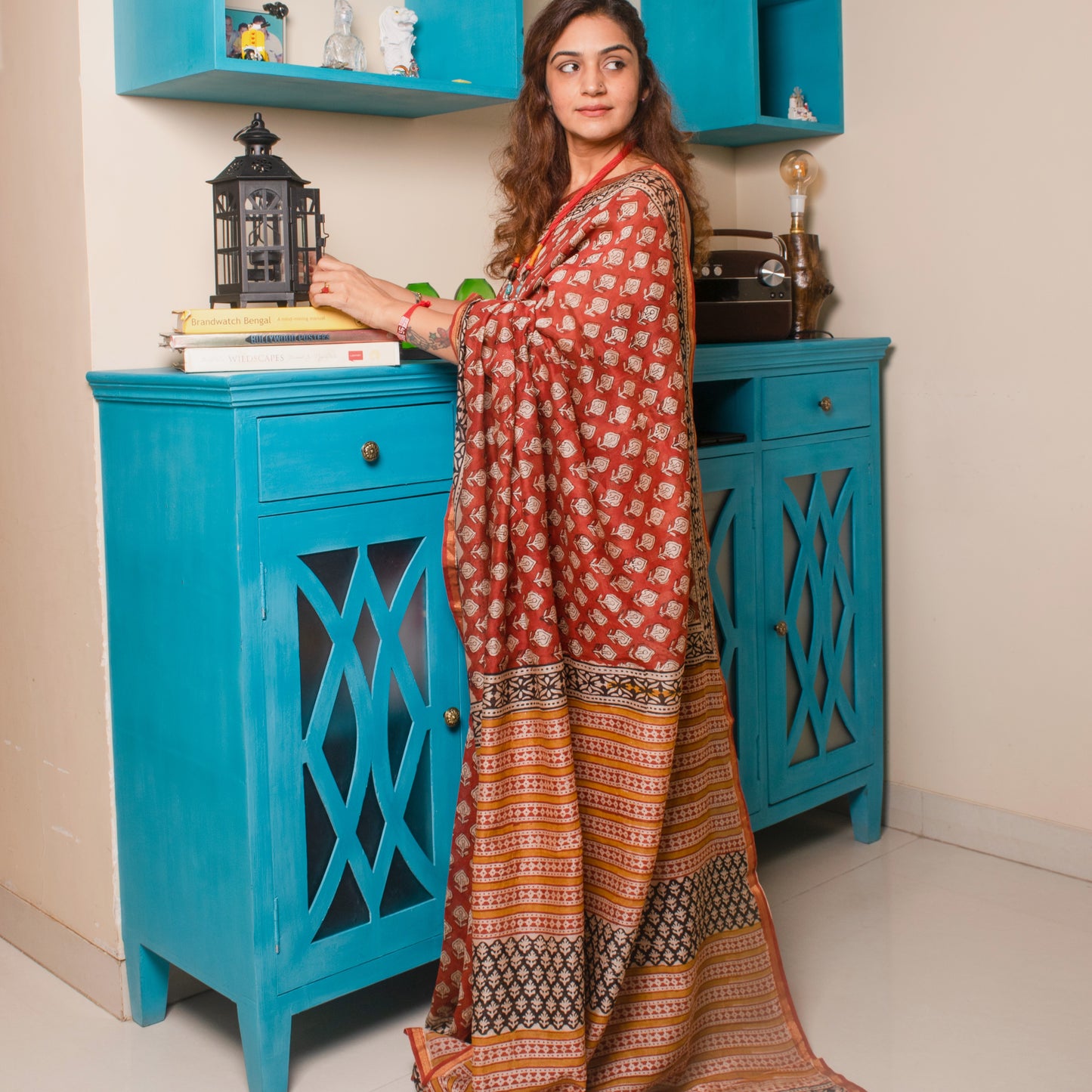 Maroon block print Chanderi