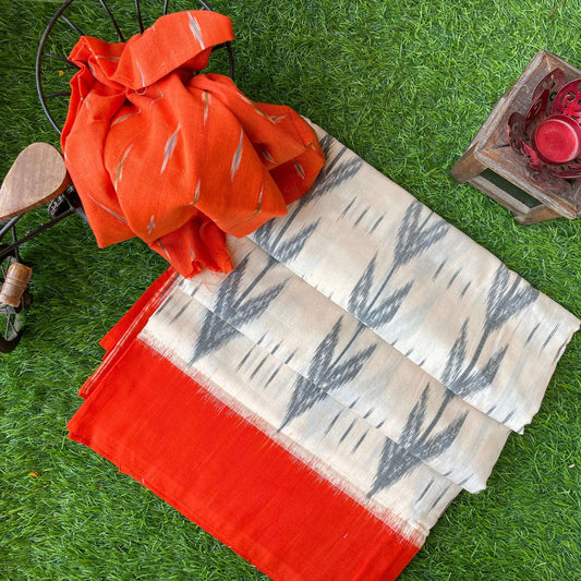 orange-white ikkat pochampally cotton saree