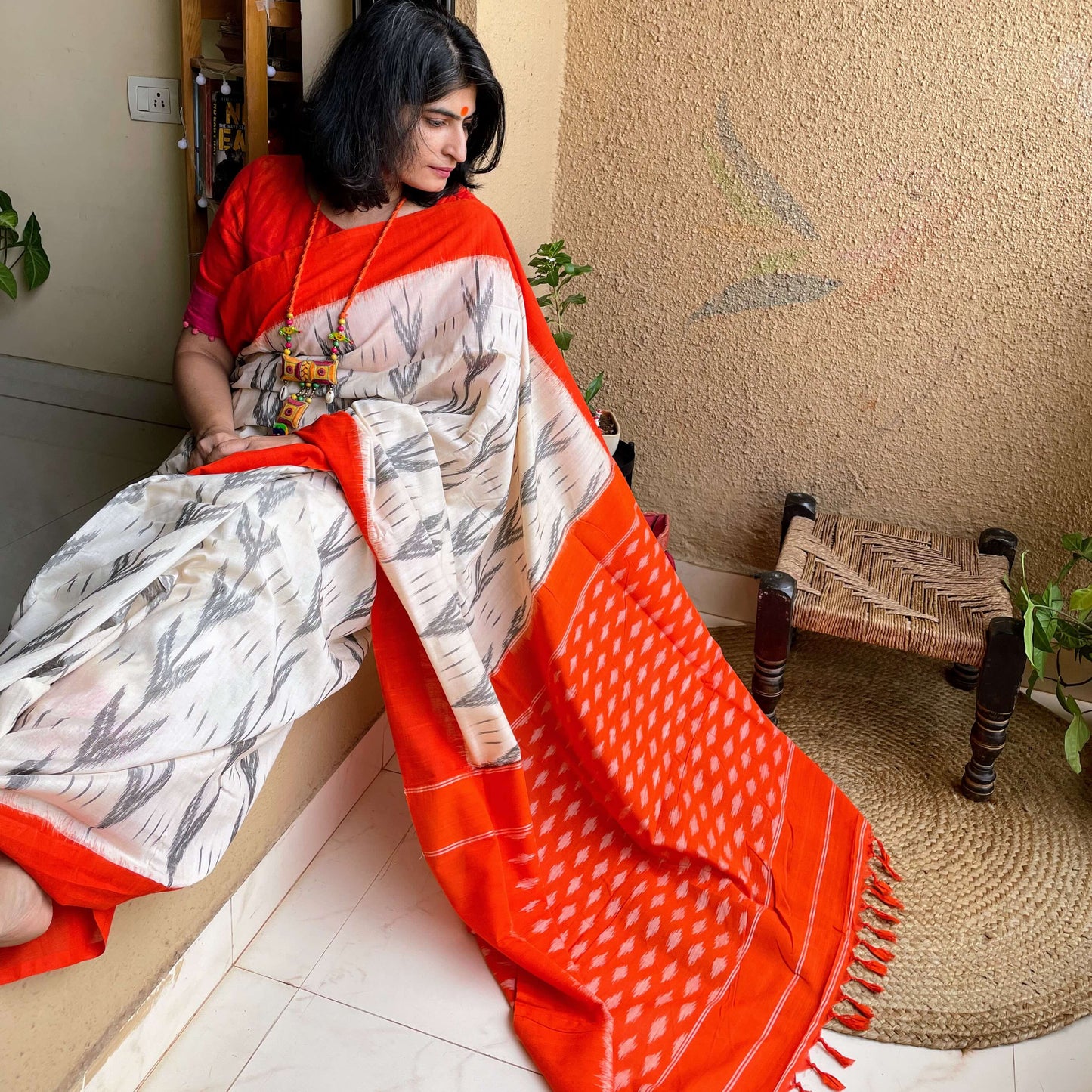 orange-white ikkat pochampally cotton saree