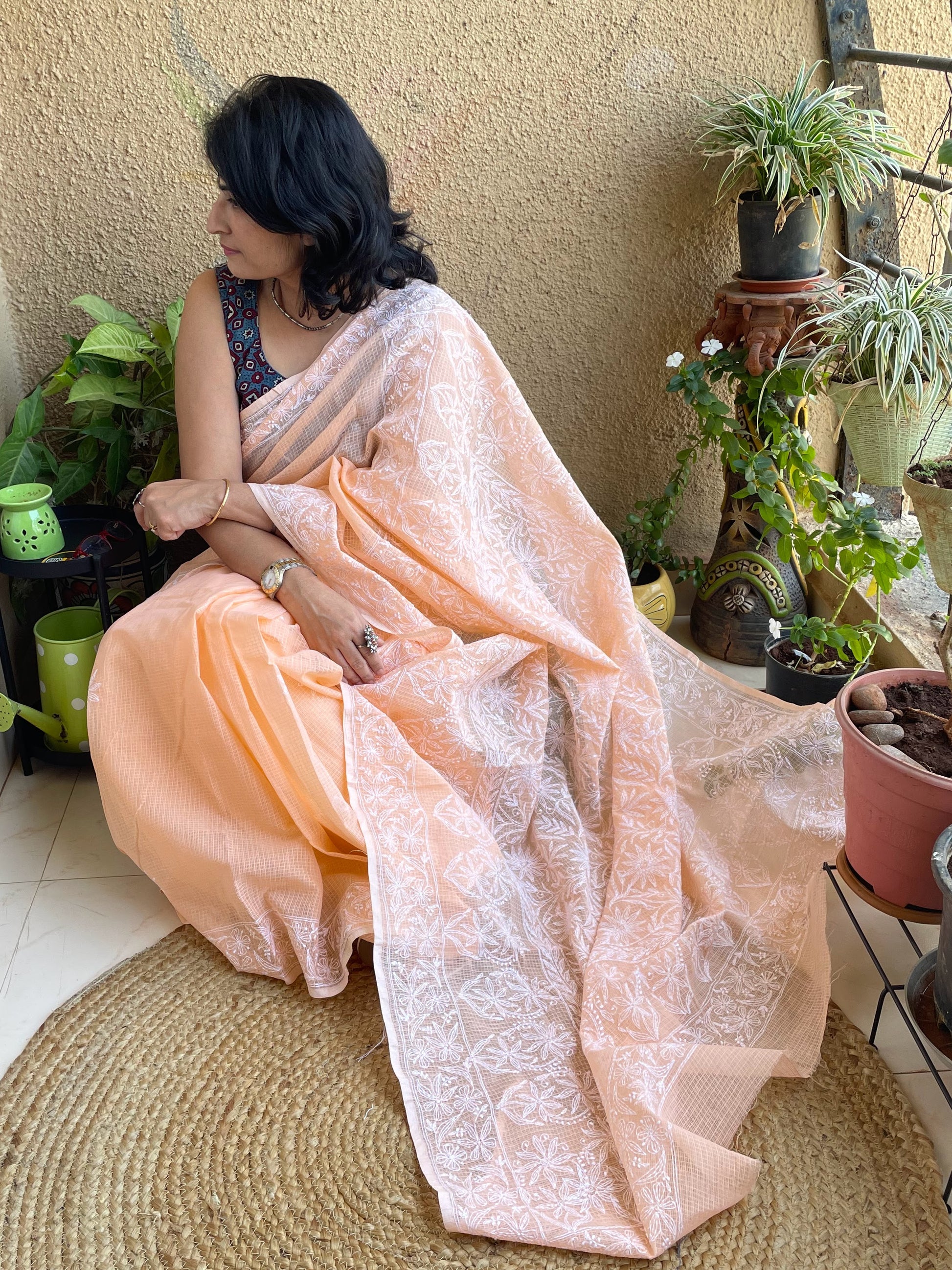 peach chikankari lucknowi saree