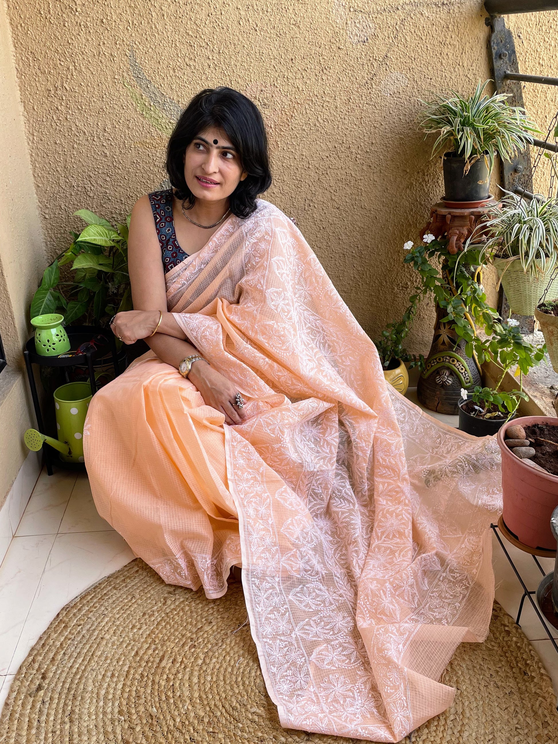 peach chikankari lucknowi saree