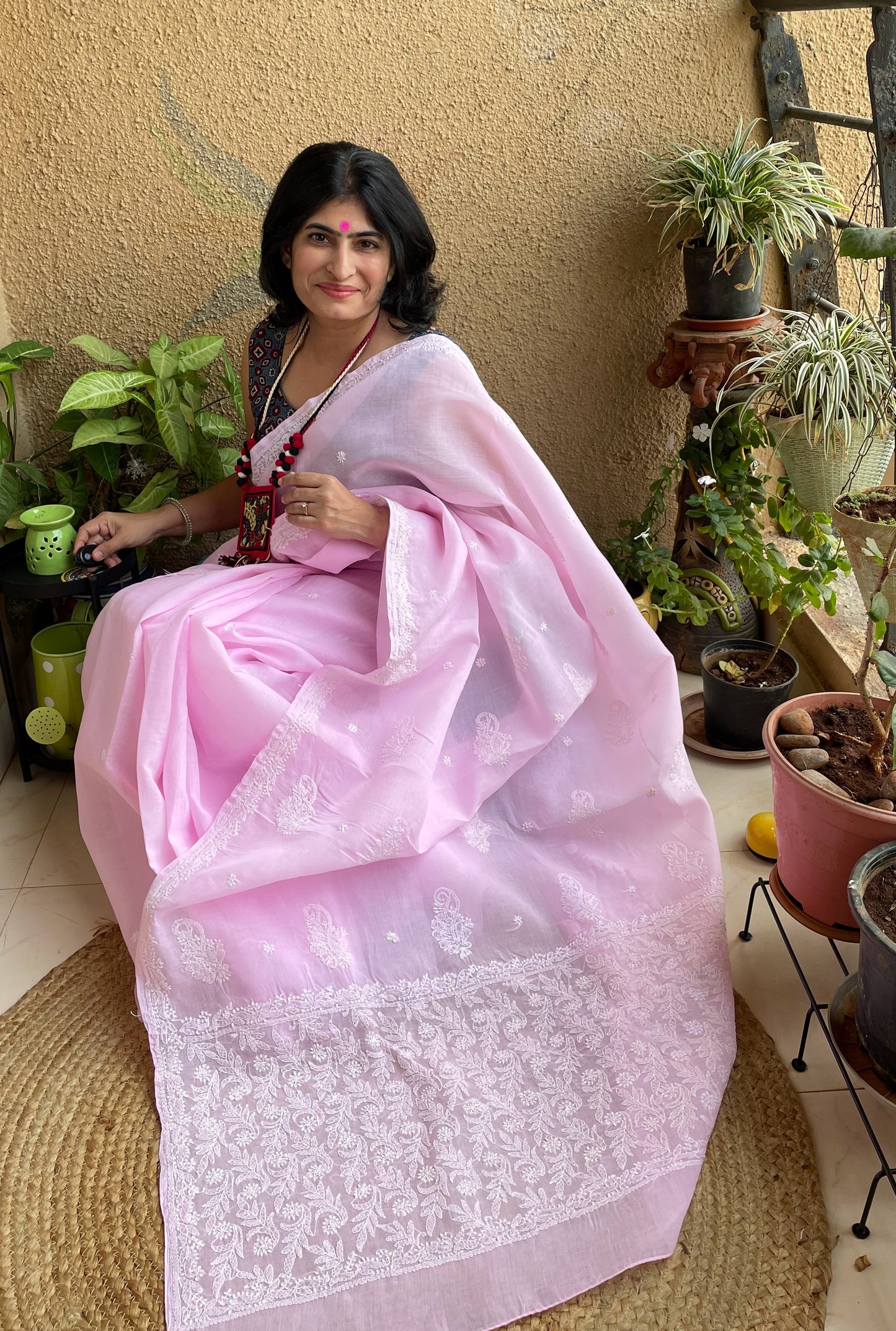 Pink chikankari cotton saree