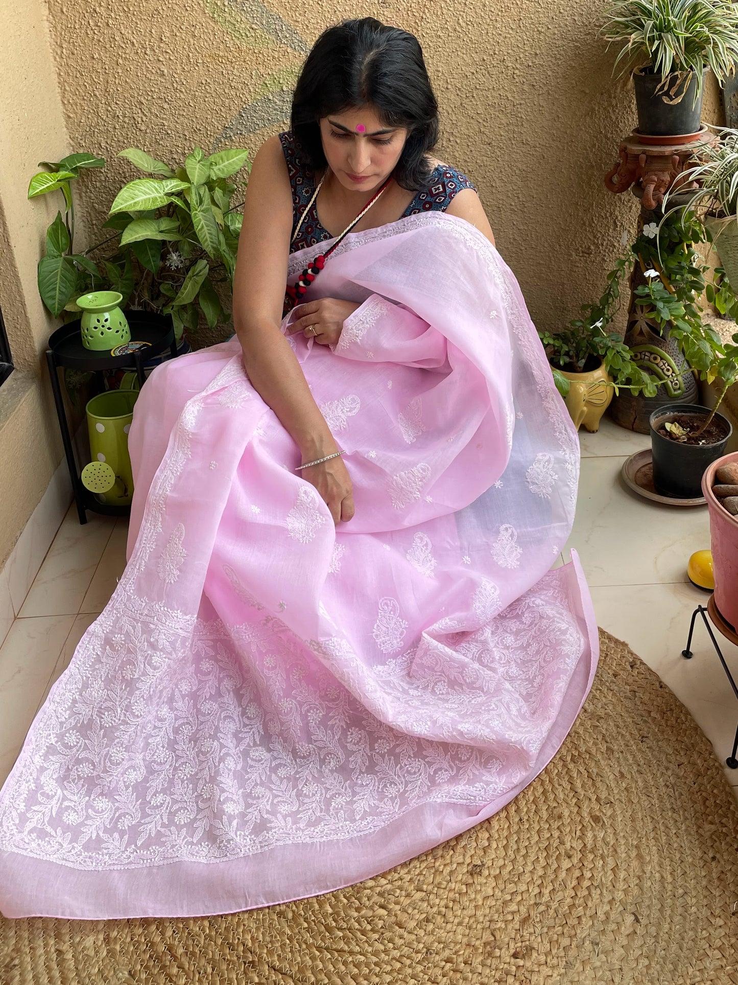 Pink chikankari cotton saree