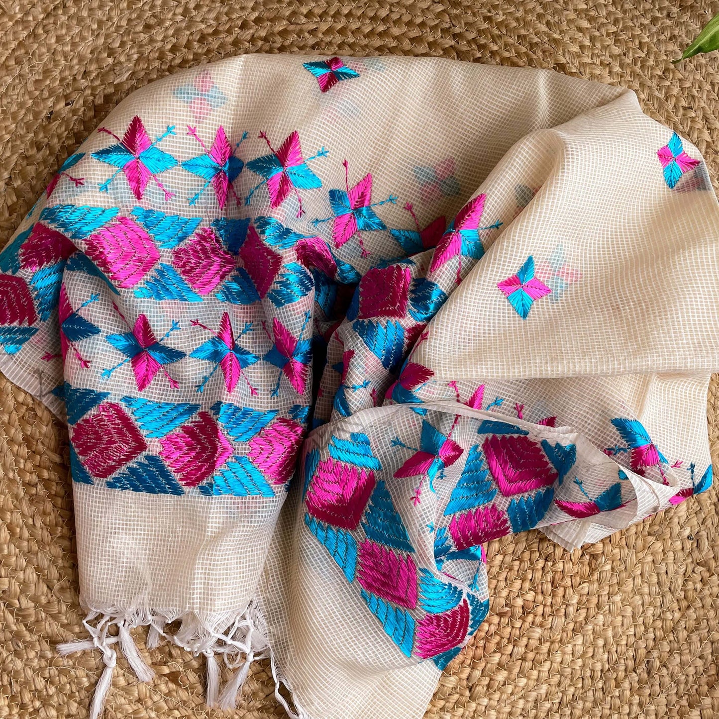 Pink and blue Phulkari embroidery Dupatta